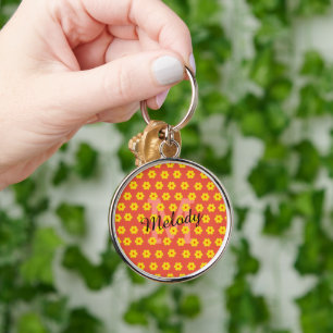modern mid century cute retro floral initial key ring