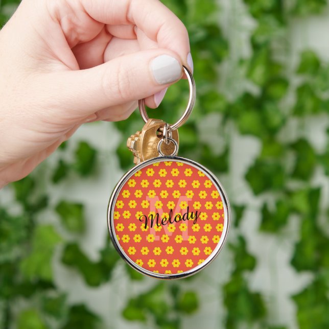 modern mid century cute retro floral initial key ring (Hand)