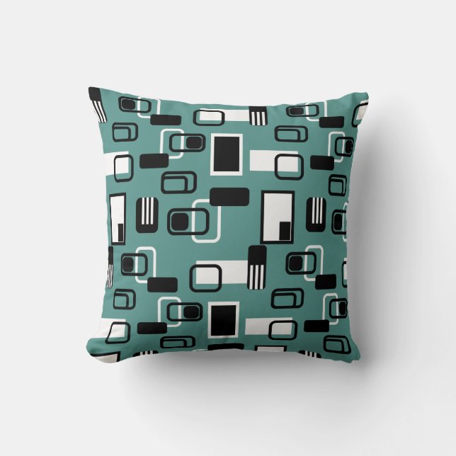 Modern Mid Century Geometric Teal Black Retro Cushion (Front)
