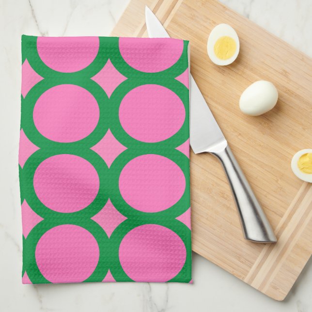 Modern Mid Century Green & Pink Geometric Shape Tea Towel (Quarter Fold)