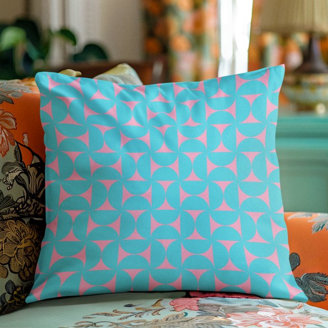 Modern Mid Century Peaceful Blue & Pink Shapes Cushion (Creator Uploaded)