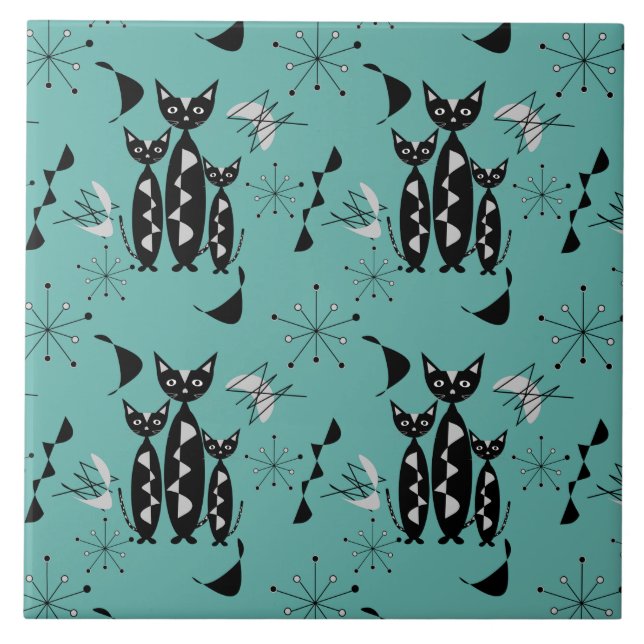 Modern Mid Century Retro Cats Cute Pattern Ceramic Tile (Front)