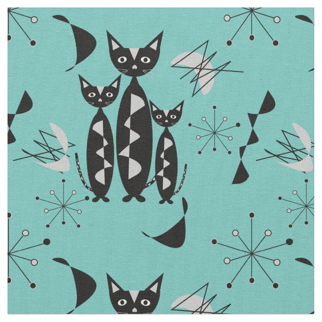 Modern Mid Century Retro Cats Cute Pattern Fabric (Close Up)
