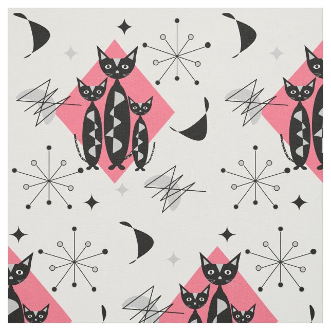 Modern Mid Century Retro Cats Cute Pattern Fabric (Swatch)