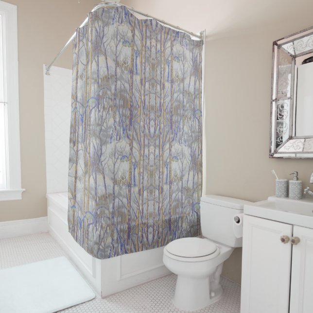 Modern Mid-Century Style Birch Forest Pattern Shower Curtain (In Situ)