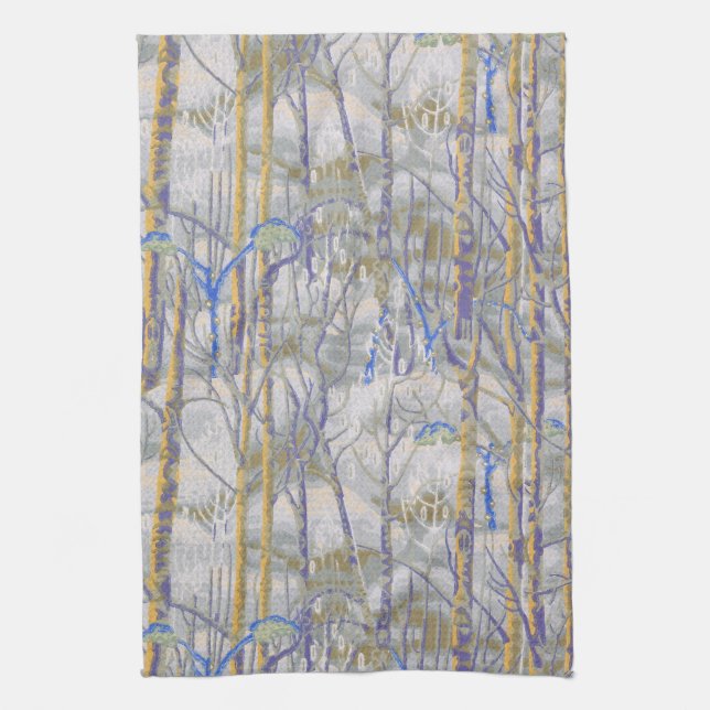 Modern Mid-Century Style Birch Forest Pattern Tea Towel (Vertical)