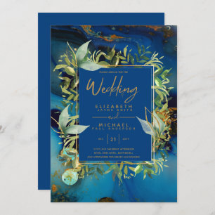 Modern Midnight Blue Gold Greenery Wedding Invites