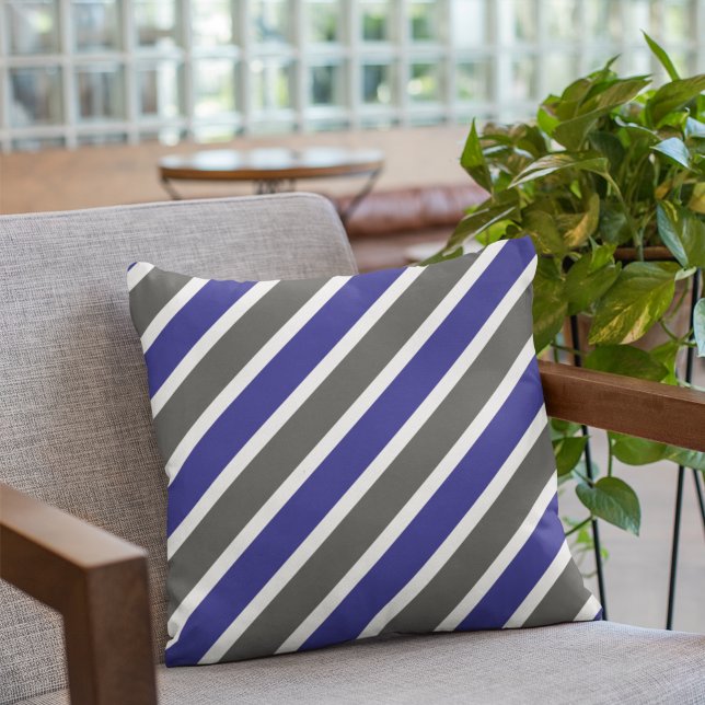 Modern Midnight Blue Grey Diagonal Stripes Cushion (Creator Uploaded)