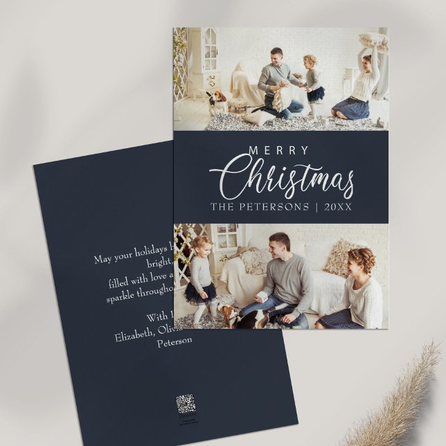 Modern Midnight Blue Photo Collage Christmas  Holiday Card (Modern Midnight Blue Photo Collage Christmas Holiday Card on white table)