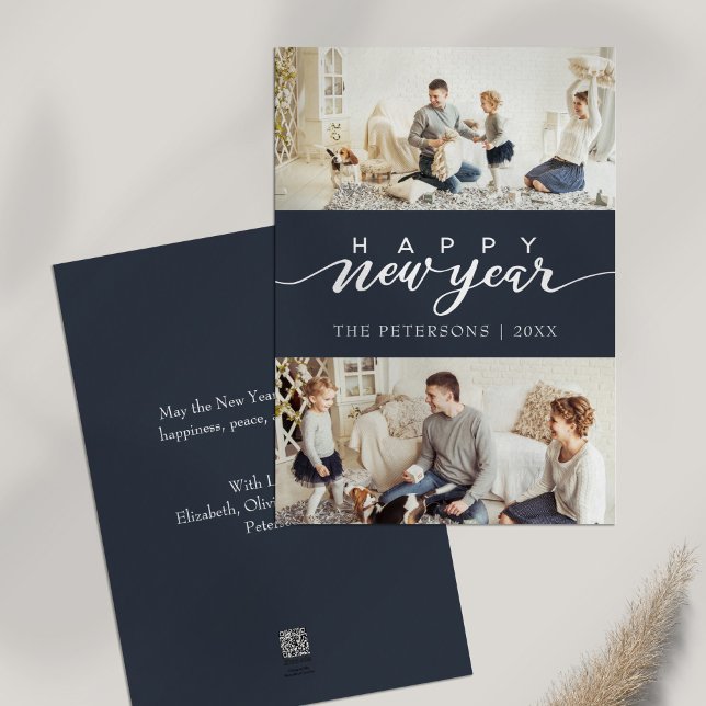 Modern Midnight Blue Photo Collage New Year Holiday Card (Modern Midnight Blue Photo Collage New Year Holiday Card on a table.)