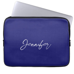 Modern Midnight Blue Plain Unique Handwriting Name Laptop Sleeve