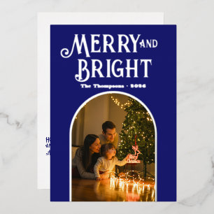 Modern Midnight Blue & Silver Christmas Photo Foil Holiday Card