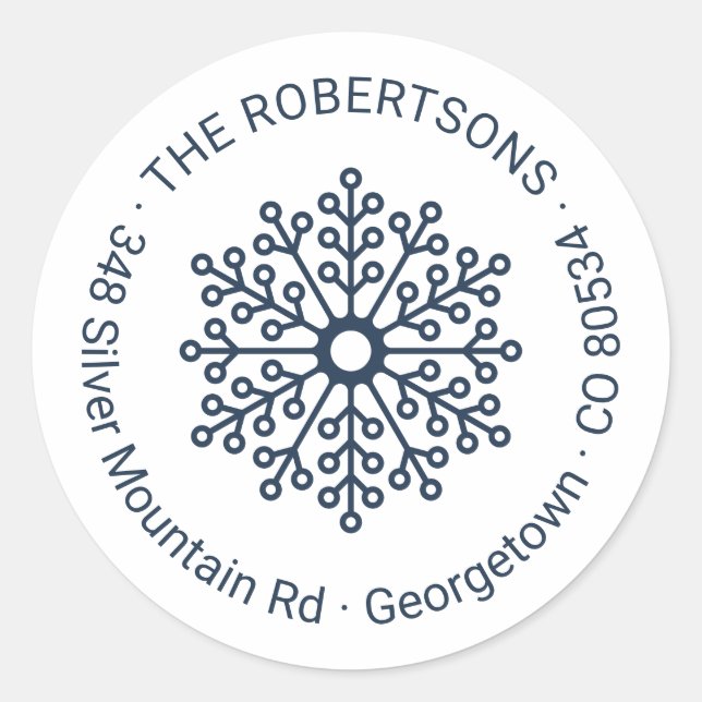 Modern Midnight Blue Snowflake Return Address Classic Round Sticker (Front)