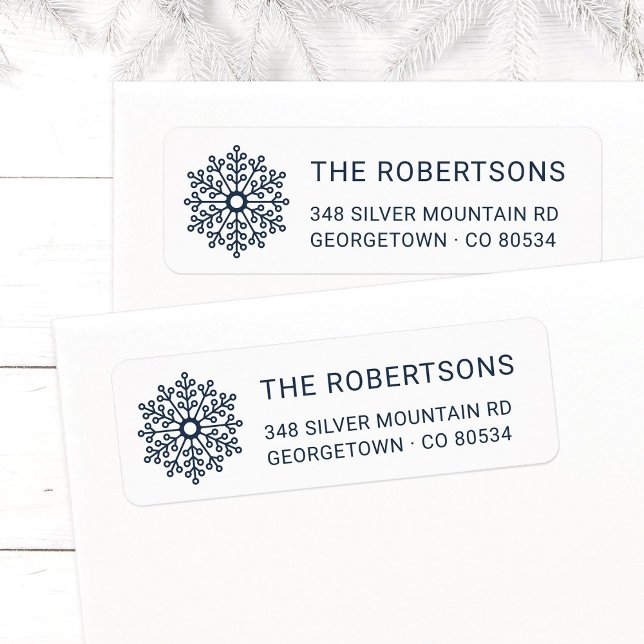 Modern Midnight Blue Snowflake Return Address Label (Modern, elegant Snowflake Christmas return address labels in navy blue with family name.)