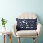 Modern Midnight Blue Welcome Home Custom Last Name Lumbar Cushion<br><div class="desc">Modern midnight blue and white "Welcome to Our Home" lumbar pillow features stylish script text with custom sans serif monogram text that can be personalised with your family's last name. Indoor and outdoor pillow fabrics are available.</div>