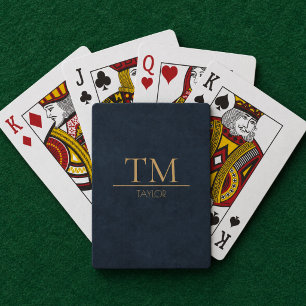 Modern Midnight Blue with Gold Monogram Custom Playing Cards