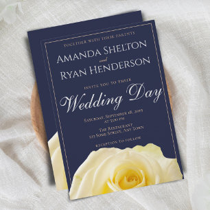 Modern Midnight Blue Yellow Rose Floral Wedding Invitation