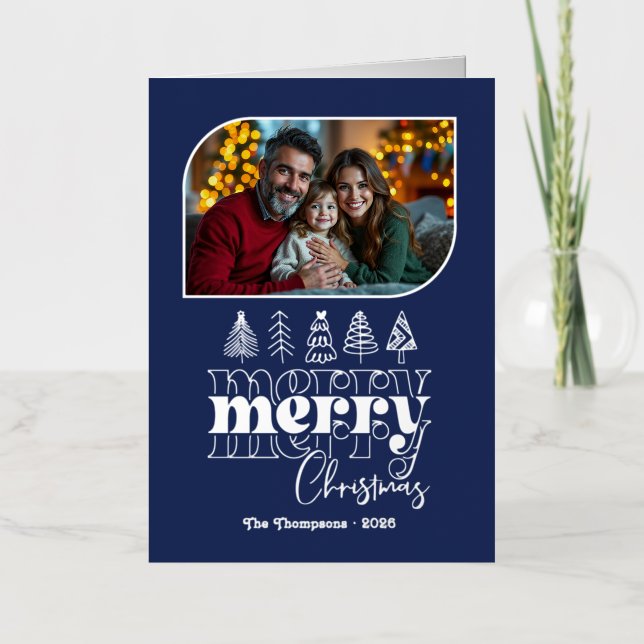Modern Midnight Hand Drawn Merry Christmas Photo Foil Holiday Card (Front)