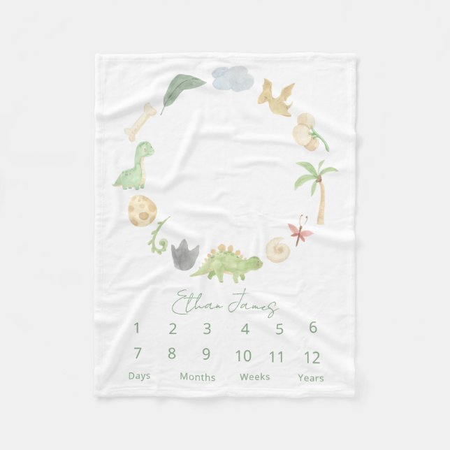 Modern Milestone Dinosaurs Gender Neutral Green Fleece Blanket (Front)