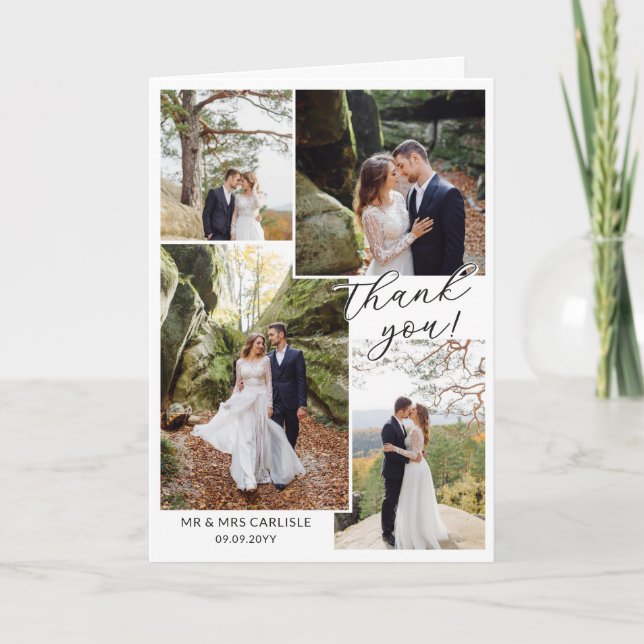 Modern Minial 4 Photo Collage Wedding Thank You Card (Front)