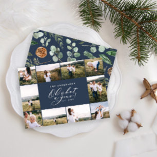 Modern minimal 10 photo new year blue family holiday card