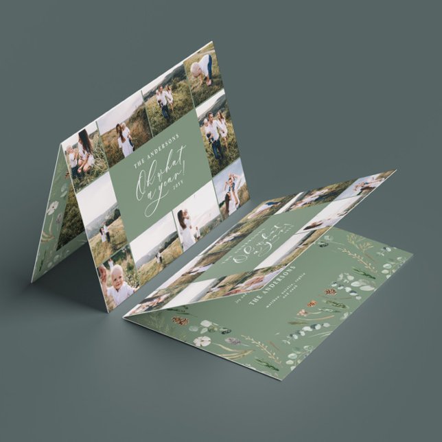 Modern minimal 11 photo new year sage green family holiday card (Creator Uploaded)