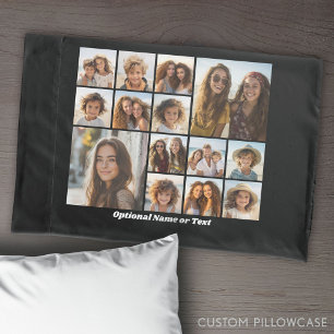 Modern Minimal 14 Photo Collage Black - White Text Pillowcase