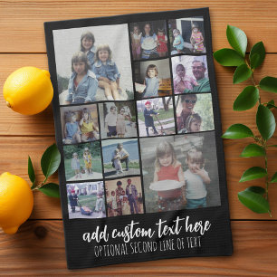 Modern Minimal 14 Photo Collage Black - White Text Tea Towel