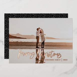 Modern minimal 1 photo black script Christmas Foil Holiday Card