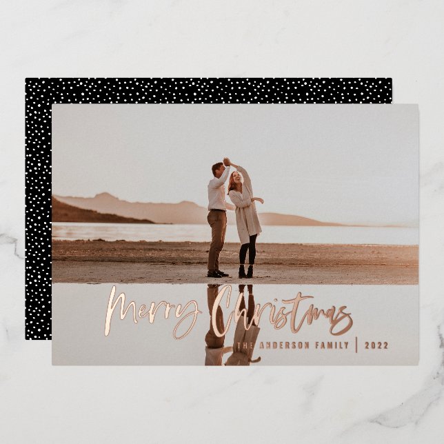 Modern minimal 1 photo black script Christmas Foil Holiday Card (Front/Back)
