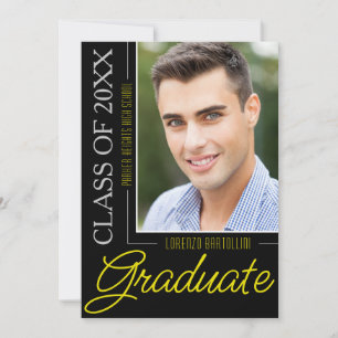 Modern Minimal 1 Photo Black Yellow Graduation Invitation