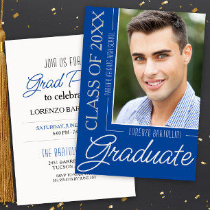 Modern Minimal 1 Photo Blue and White Graduation Invitation