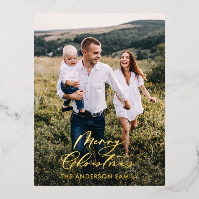 Modern minimal 1 photo Christmas elegant script  Foil Holiday Postcard (Front)