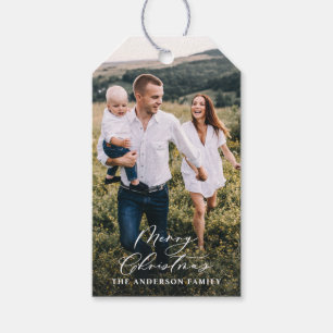 Modern minimal 1 photo Christmas elegant script Ho Gift Tags