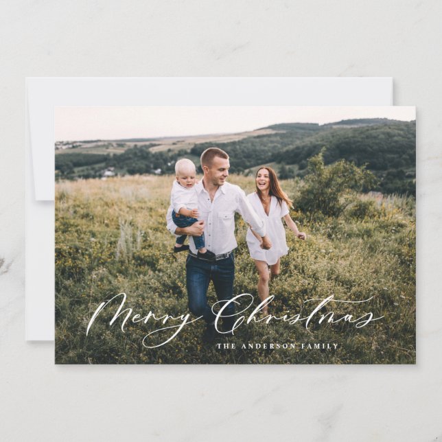 Modern minimal 1 photo Christmas elegant script Holiday Card (Front)
