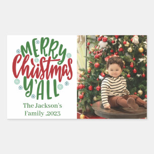 Modern minimal 1 photo Christmas elegant script  Rectangular Sticker