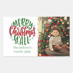 Modern minimal 1 photo Christmas elegant script Rectangular Sticker