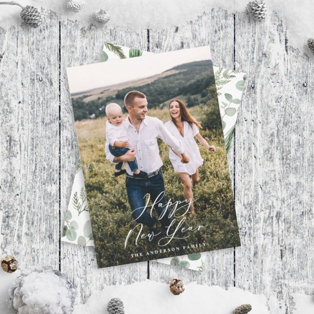 Modern minimal 1 photo elegant script new year holiday card (Creator Uploaded)