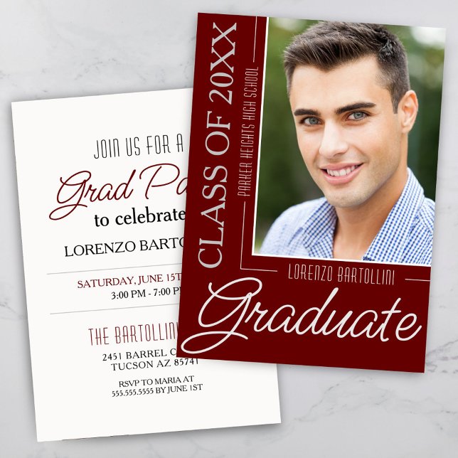 Modern Minimal 1 Photo Maroon Burgundy Graduation Invitation (Simple Modern Burgundy Graduation Announcement and Grad Party Invitation)