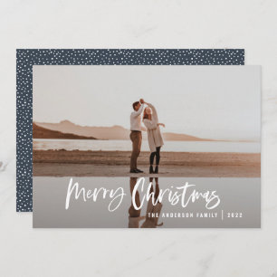 Modern minimal 1 photo navy blue script Christmas Holiday Card