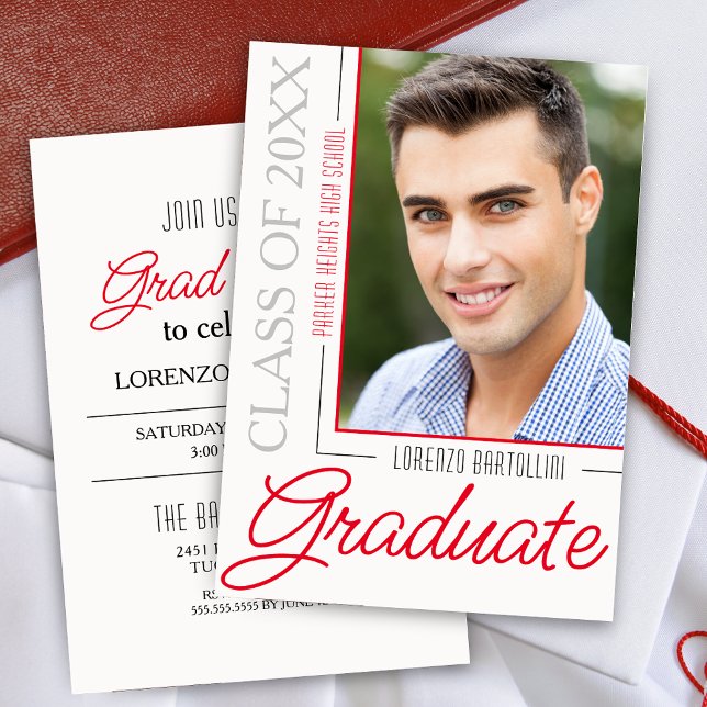Modern Minimal 1 Photo Red and White Graduation Invitation (Modern Crimson Red Grad Party Graduation Announcement Invitation with One Photo)