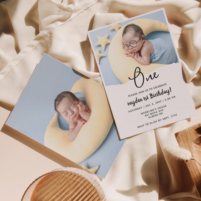 Modern Minimal 1st Birthday Photo Invitation (Creator Uploaded)