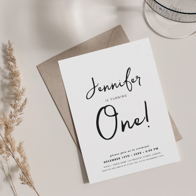 Modern Minimal 1st Birthday Script Black & White Invitation (Modern Minimal 1st Birthday Script Black & White Invitation)