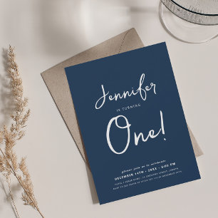 Modern Minimal 1st Birthday Script Navy Blue  Invitation