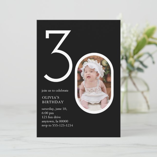 Modern Minimal 30th Birthday Party Chic Black Invitation (Standing Front)