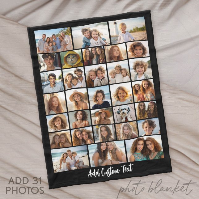 Modern Minimal 31 Photo Collage with Script Text Fleece Blanket (Custom Fleece Blanket with Photo Collage for Family and Friends)