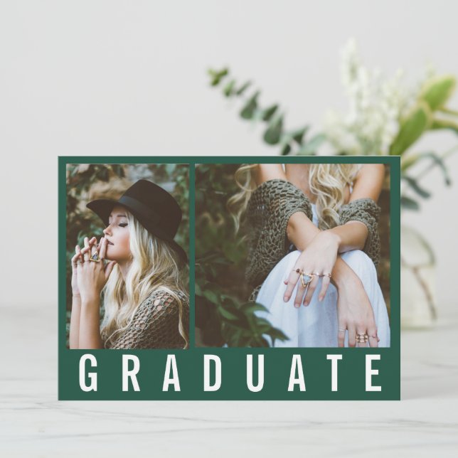 Modern minimal 3 photo graduation simple chic gree announcement (Standing Front)