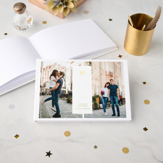 Modern Minimal | 3 Photo Monogram Wedding Guest Book (Front Open)