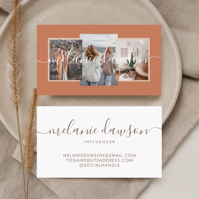 Modern Minimal 3 Photo Social Influencer Orange Business Card (Creator Uploaded)