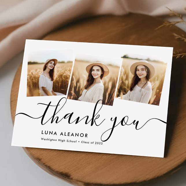 Modern Minimal 4 Photo Collage Script Graduation Thank You Card (Creator Uploaded)